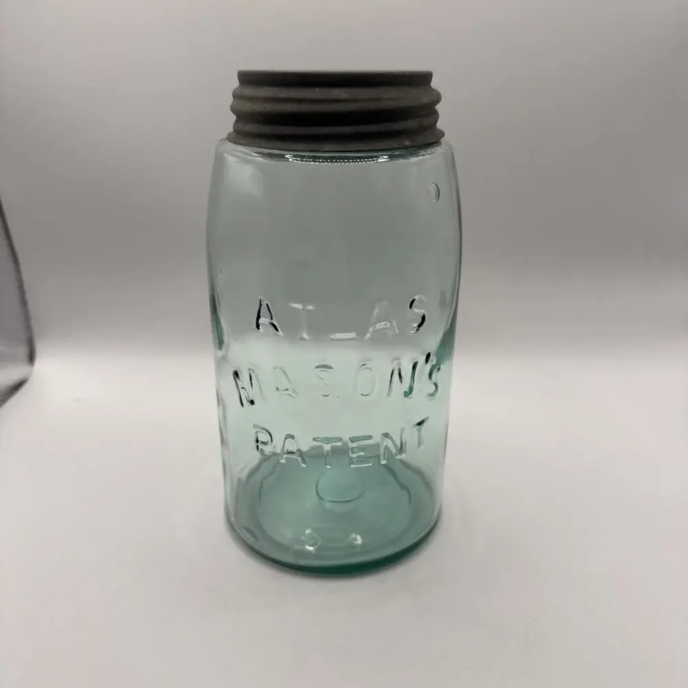 Vintage Atlas Mason’s Patent Nov 30 1858 Aqua Glass Canning Jar w Zinc Lid
